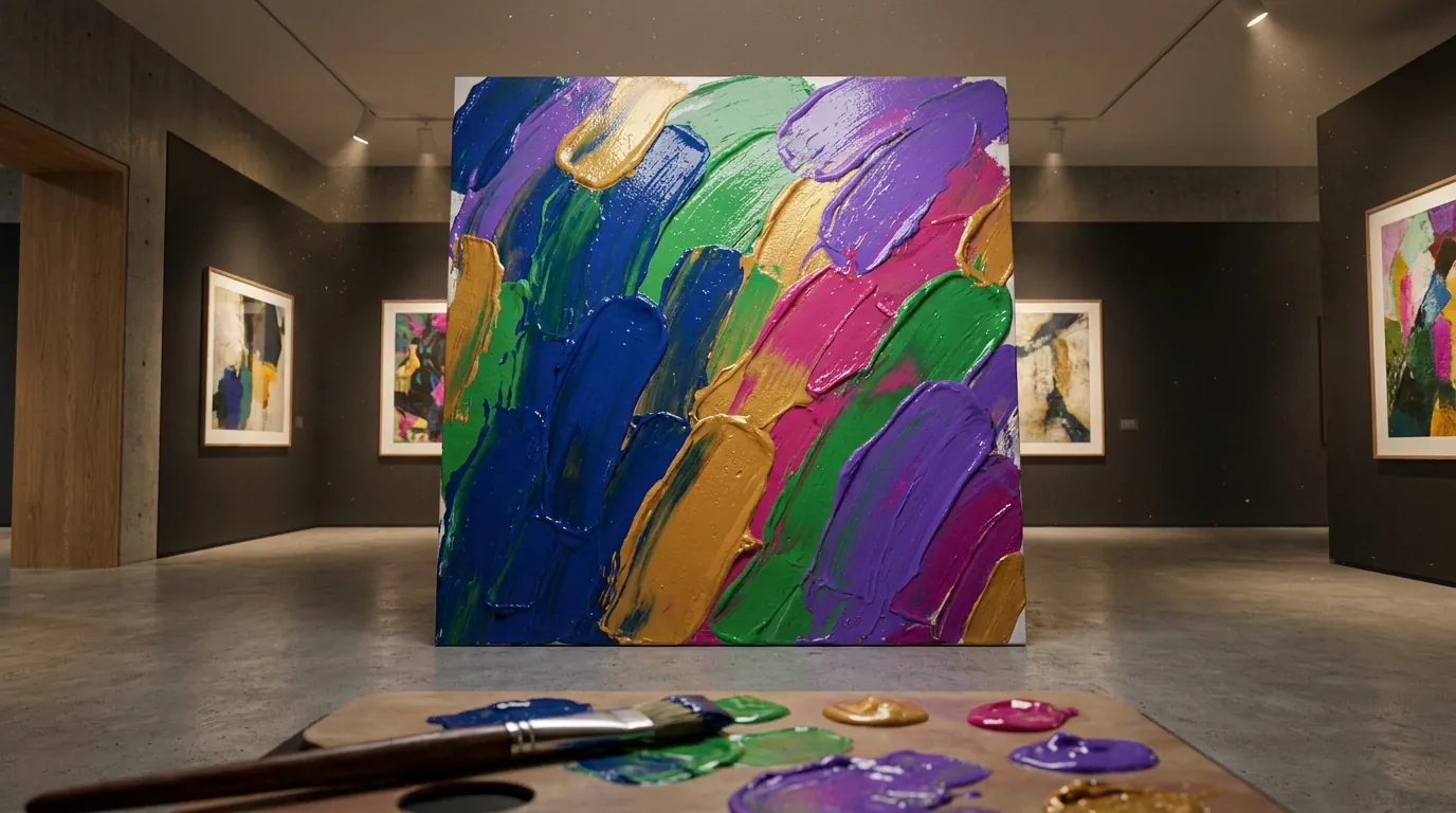 An art gallery showcases a vibrant abstract painting with bold brushstrokes, highlighting creative arts training.