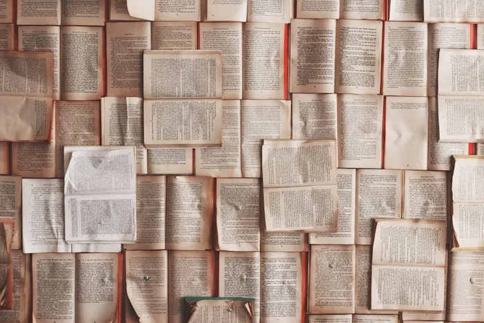 An art installation of open books creates a textured wall, showcasing creative writing concepts.