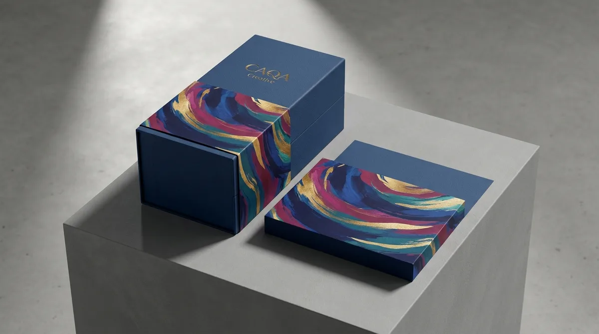 Colorful CAQA chocolate gift boxes showcase abstract designs, perfect for a luxury treat.