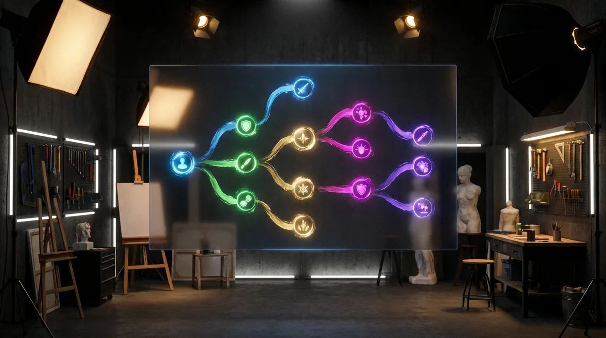 A dimly lit studio displays a complex network diagram, showcasing creative arts work.