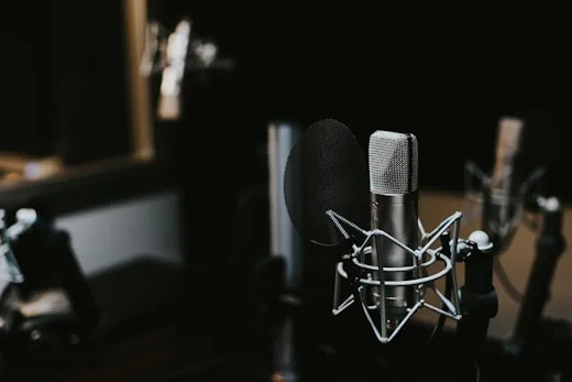 A studio condenser microphone with a pop filter is shown, ideal for music production.