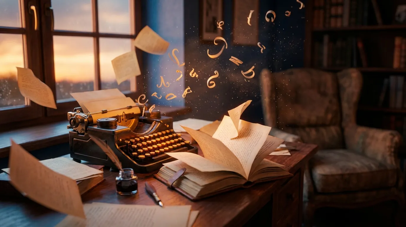 A vintage typewriter sits on a wooden desk, suggesting creative writing services at CAQA Creative.