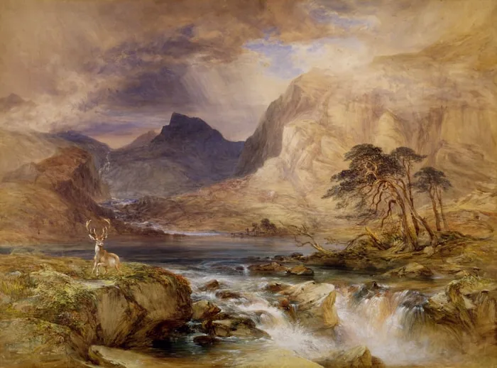 A watercolor painting shows a mountainous landscape with deer and a waterfall, showcasing our visual arts training.